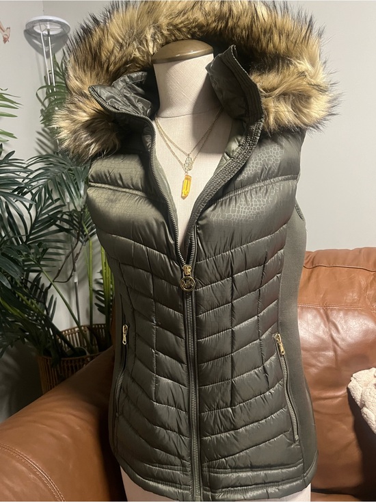 Michael Kors Jackets & Blazers - Michael Kors Olive Green Quilted Puffer Vest with Faux Fur Trim Hood